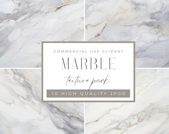 May include: A set of four high-quality marble texture images. The images feature a white background with gray and gold veining. The text "COMMERCIAL USE CLIPART MARBLE texture pack 10 HIGH QUALITY JPGS" is displayed in a white rectangle on a gray background.