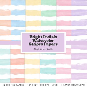 Pastel Stripes Digital Paper - Watercolor Digital Scrapbook Paper - Pastel Digital Paper - Bright Pastels Scrapbook Paper - Watercolor Paper
