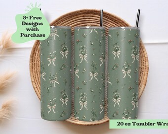 Dainty Bows and Floral Tumbler Wrap Png |  Green Floral Tumbler Wrap | Girly Tumbler Wrap Png | Bows & Floral Tumbler | 20 Oz Tumbler Png