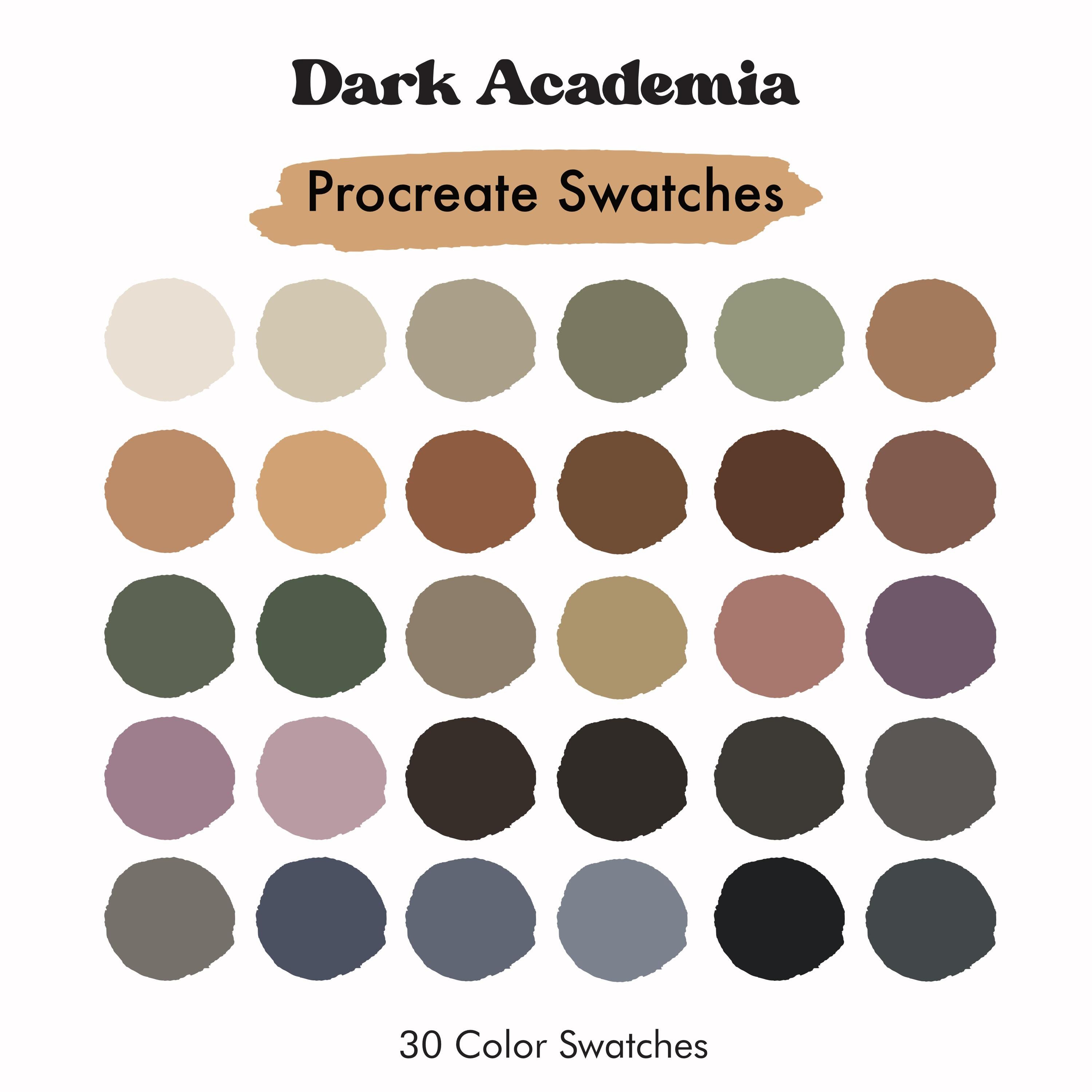 Paleta de colores para Procreate Dark Academia — 30 tonos neutros y profundos para arte digital vintage y terroso