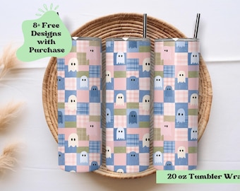 Ghost Tumbler Wrap Png | Ghost Patchwork Tumbler Wrap | Cottagecore Tumbler Wrap Png | Doodle Ghost Tumbler | Fall Tumbler Wrap