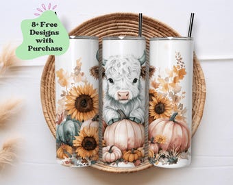Emballage blanc pour gobelet vache Highland | Gobelet vache avec citrouilles roses | Gobelet d'emballage pour bébé vache Highland | Papier d'emballage d'automne | Gobelet PNG 20 oz