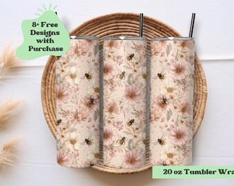 Vintage Bee Tumbler Wrap | Bumblebee Tumbler PNG Wrap | Pink Floral Tumbler Wrap | Vintage Pink Flower Mushroom Tumbler PNG