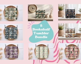 May include: A set of eight 20 oz stainless steel tumblers with different bookshelf designs. The designs feature various colors and patterns, including green, blue, purple, cream, and pink. Each tumbler has a black lid and a black straw.