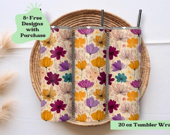 MCM Flower Tumbler Wrap | Modern Doodle, 20 oz Sublimation (PNG Digital Download)