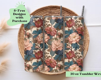 Victorian Florals Tumbler Wrap | Vintage Roses Tumbler PNG | Pink Flower Tumbler Wrap Sublimation | 20 oz Tumbler | Pink Tumbler Wrap