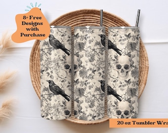 May include: Three 20 ounce stainless steel tumblers with a black and white design featuring ravens, skulls, and roses. The tumblers are displayed in a woven basket.