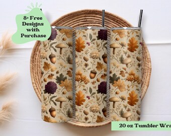 Boho Crystal Tumbler Wrap | Fall Mushroom Vibes | Collection of Mushroom Tumbler Wrap | Neutral Sublimation Design | Cottagecore PNG