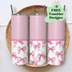 May include: Three stainless steel tumblers with black straws rest in a woven basket. The tumblers feature a pink faux leather top, a pink band, and a white base with pink bow illustrations. Text on the image reads "+8 FREE Tumbler Designs".