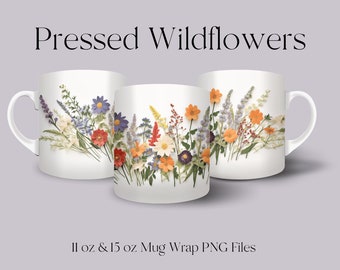 3D Wildflower Mug Wrap | 11 oz Mug Wrap | 15 oz Mug Wrap | Cute Coffee Mug Design | Floral Mug Wrap | Pressed Flowers Mug Press Wrap