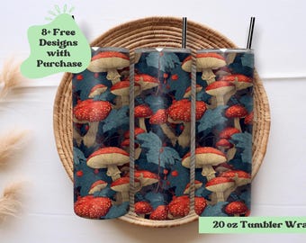 Vintage Mushroom Tumbler Wrap | Mushroom Tumbler PNG Wrap | Natural Floral Tumbler Wrap | Vintage Red Cap Mushroom Tumbler PNG | Sublimation