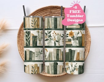Cream Books and Flowers Tumbler Wrap Png |  Green Bookshelf Tumbler Wrap | Book Reader Tumbler Wrap Png | Book Lover Tumbler | 20 Oz Tumbler