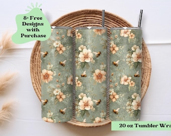 Honebee Tumbler Wrap | Bumblebee Tumbler PNG Wrap | Green Floral Tumbler Wrap | Vintage Green Flower Bees Tumbler PNG | Sublimation Design