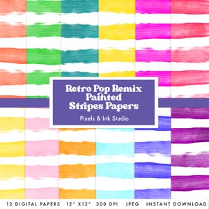 Retro Pop Remix Stripes Digital Paper - Bright Stripes Digital Scrapbook Paper - Neon Digital Paper -  Pastel Painted Stripes Paper