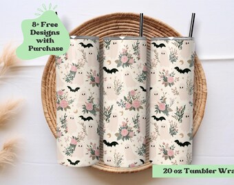 Boho Ghost Tumbler Wrap Png | Ghosts and Bats Tumbler Wrap | Ghost and Florals Tumbler Wrap Png | Floral Ghost Tumbler | Fall Tumbler Wrap