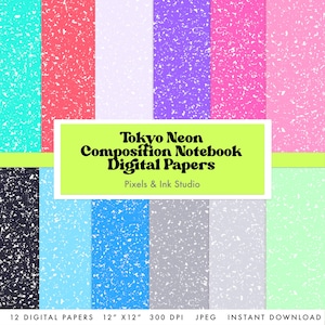 Pode incluir: Um conjunto de 12 papéis digitais com um design de terrazzo neon em várias cores, incluindo turquesa, vermelho e roxo. Os papéis medem 30.48 cm x 30.48 cm e têm 300 DPI. O texto na imagem diz "Tokyo Neon Composition Notebook Digital Papers."