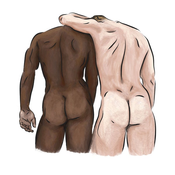 FRAT | (Téléchargement numérique) Couple interracial, DIY imprimable, Dessin au trait de figure masculine, Art gay