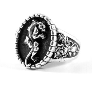 Crawling Panther & Roses Ring | Tattoo Flash Inspired Jewelry | Solid Silver Mens Jewelry | Recycled Silver Panther Ring | Big Cat Ring