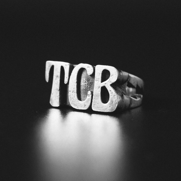 TCB Taking Care of Business Ring | Elvis Ring with Lightning Bolts | Chunky Elvis TCB Ring | Sterling Silver Elvis Ring | Graceland Ring