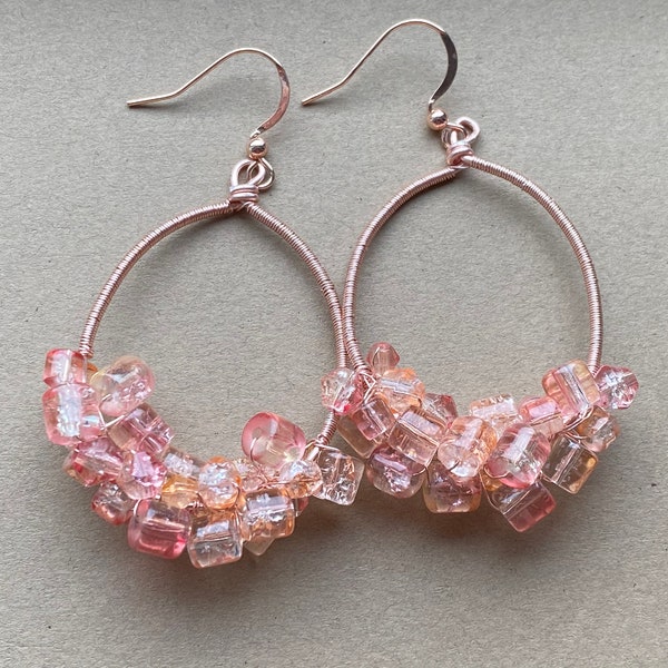 Rose-Gold Wire-wrapped Pink Cracked-glass Bead Drop Hoops