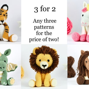 May include: Six crocheted stuffed animal patterns, including a tiger, unicorn, dragon, lion, and horse. The text "3 for 2" is displayed in the center of the image. Any three patterns for the price of two!
