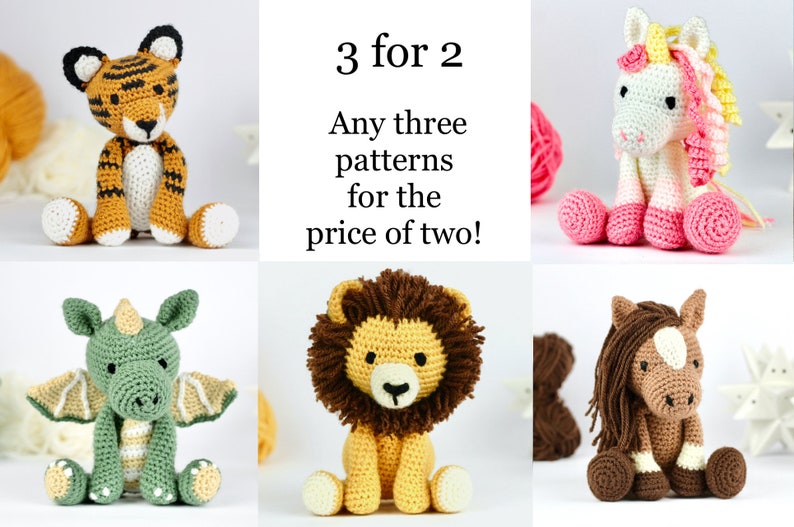 May include: Six crocheted stuffed animal patterns, including a tiger, unicorn, dragon, lion, and horse. The text "3 for 2" is displayed in the center of the image. Any three patterns for the price of two!