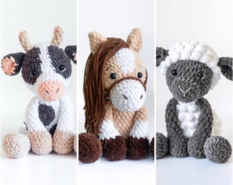 Pacote de Crochê para Fazenda - Cavalo, Ovelha e Vaca (3 unidades) | Animais Amigurumi | Brinquedo de Chenille Macio | Ideal para Iniciantes | Opção de Costura Simples | PDF