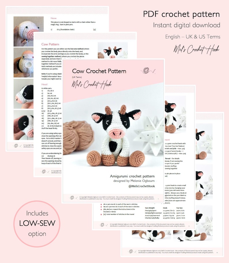 May include: A PDF crochet pattern for an amigurumi cow by Mel's Crochet Hook. The document includes written instructions, yarn weight, hook size, and assembly steps for a white, black, and brown stuffed cow toy with a low-sew option.
