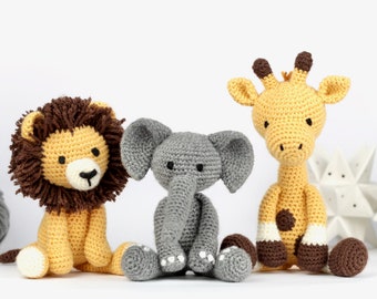 Amigurumi Safari Crochet Patterns PDF x3- Elephant Giraffe Lion Pattern- Safari Amigurumi Animal Crochet Animal Pattern- Easy Crochet- UK/US