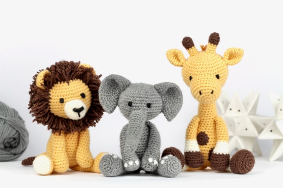 Amigurumi Safari Crochet Patterns PDF x3- Elephant Giraffe Lion Pattern- Safari Amigurumi Animal Crochet Animal Pattern- Easy Crochet- UK/US