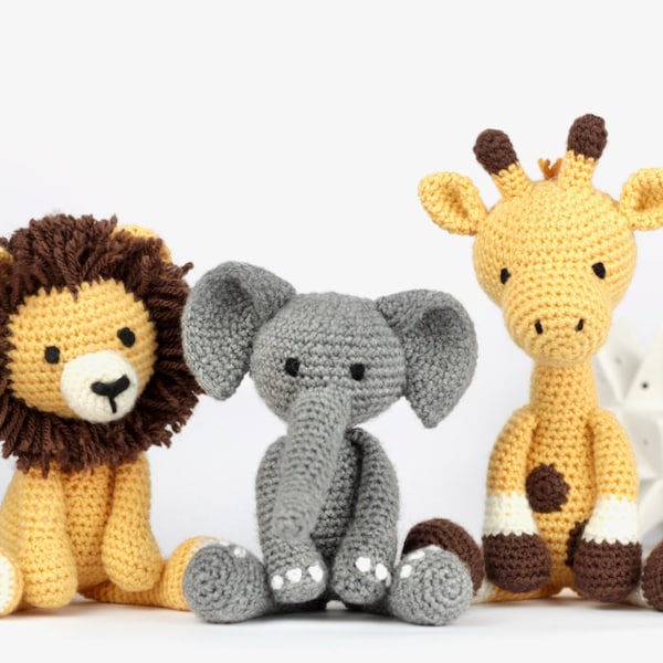 Amigurumi Safari Häkelanleitung PDF x3- Elefant Giraffe Löwe Muster- Safari Amigurumi Tier Häkelanleitung- Einfaches Häkeln- UK/US