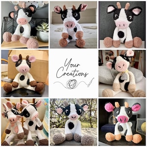 May include: A collage of handmade crochet cow plush toys featuring white bodies with black spots, pink snouts, and brown or tan hooves. The center panel displays the text Your Creations with a graphic of a ball of yarn and a crochet hook.