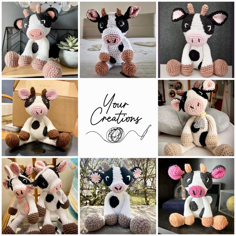 May include: A collage of handmade crochet cow plush toys featuring white bodies with black spots, pink snouts, and brown or tan hooves. The center panel displays the text Your Creations with a graphic of a ball of yarn and a crochet hook.