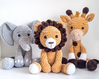 Safari Crochet Pattern Bundle - Lion Elephant Giraffe x3 | Amigurumi Animals | Chenille Soft Toy | Beginner Friendly | Low-Sew Option | PDF