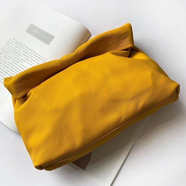 Genuine Leather Clutch Bag, Foldover clutch bag, Yellow  Clutch bag