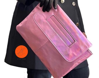 Bolso de mano tipo sobre para mujer, bolso bandolera, bolso de hombro para mujer, bolso de mano de cuero vegano, bolso de mano holográfico, bolso rosa Barbie