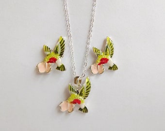 Hummingbird Necklace & Earrings set, Enamel Hummingbird Jewelry, Great gift for hummingbird lovers