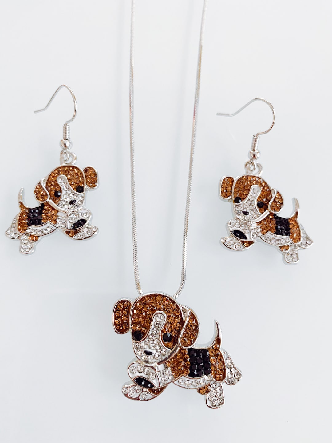 Cute Puppy Necklace & Earrings Set, Rhinestone Crystal Dog Jewelry