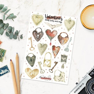 Autocollants de saint-Valentin / Autocollants de serrures de cœur / Autocollants de clés / Autocollants d’amour / Autocollants de balle / Autocollants de planificateur / Scrapbook / Autocollants de journal