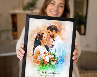 Watercolor Couple Portrait from Photo, Custom Anniversary Gift for Husband Wife, Engagement & Wedding Gift, Hand-Painted Digital Art