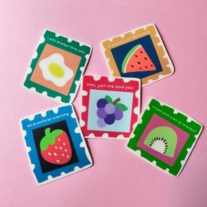 collection de timbres - h. Ensemble d'autocollants fruits et paroles ! Autocollants plastifiés brillants - jus de raisin, pastèque, kiwi, etc.