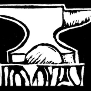 Puede incluir: Ilustración en blanco y negro de un yunque con una parte superior redondeada y una base plana. El yunque está sentado sobre un bloque de madera.