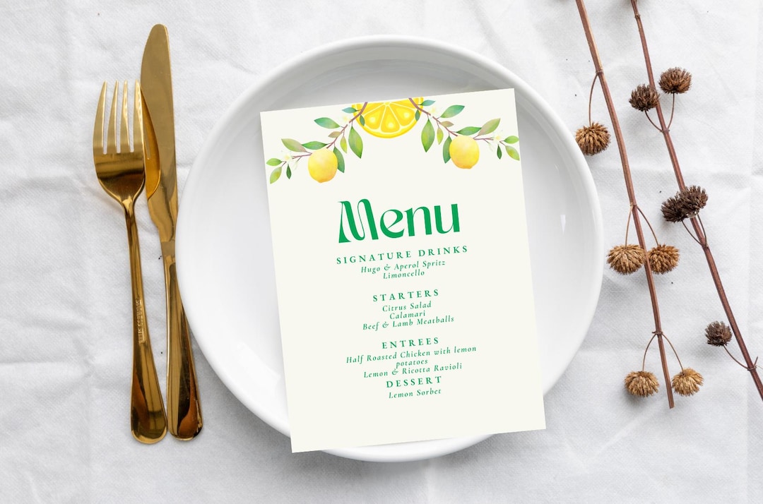 Lemon Menu Lemon Themed Dinner Menu Template: Customizable, Elegant & Modern - Etsy