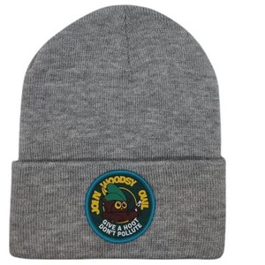 May include: Gray beanie with a round blue and yellow patch that says "Join Woodsy Owl Give a Hoot Don't Pollute"