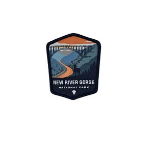 May include: A blue and white embroidered patch with a scenic view of a bridge, a winding road, and a deer in the New River Gorge National Park. The text "NEW RIVER GORGE NATIONAL PARK" is printed in white on the patch.