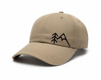 Mountain Tree Dad Hat, Embroidered Hiking Baseball Cap, Nature Lover Gift, Forest Green Low Profile Outdoor Adventure Hat