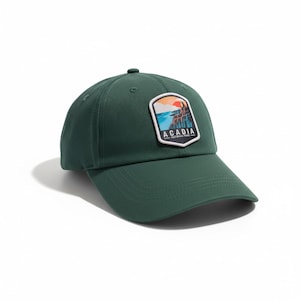 Acadia National Park Hat, Maine Hiking Gift, Woven Patch Dad Hat, Coastal Mountain Baseball Cap, Outdoor Adventure Sun Hat
