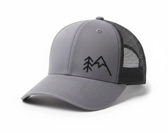 Minimalist Mountain Tree Trucker Hat – Line Art Snapback