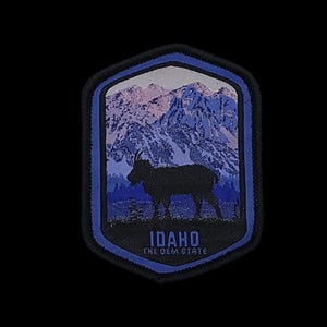 Può includere: Una toppa ricamata blu e bianca con la silhouette di una capra di montagna davanti a una catena montuosa. Il testo "IDAHO THE GEM STATE" è stampato sotto l'immagine.