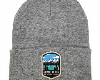 Grand Teton National Park Beanie Hat with Embroidered Patch - Cozy Winter Headwear Gift